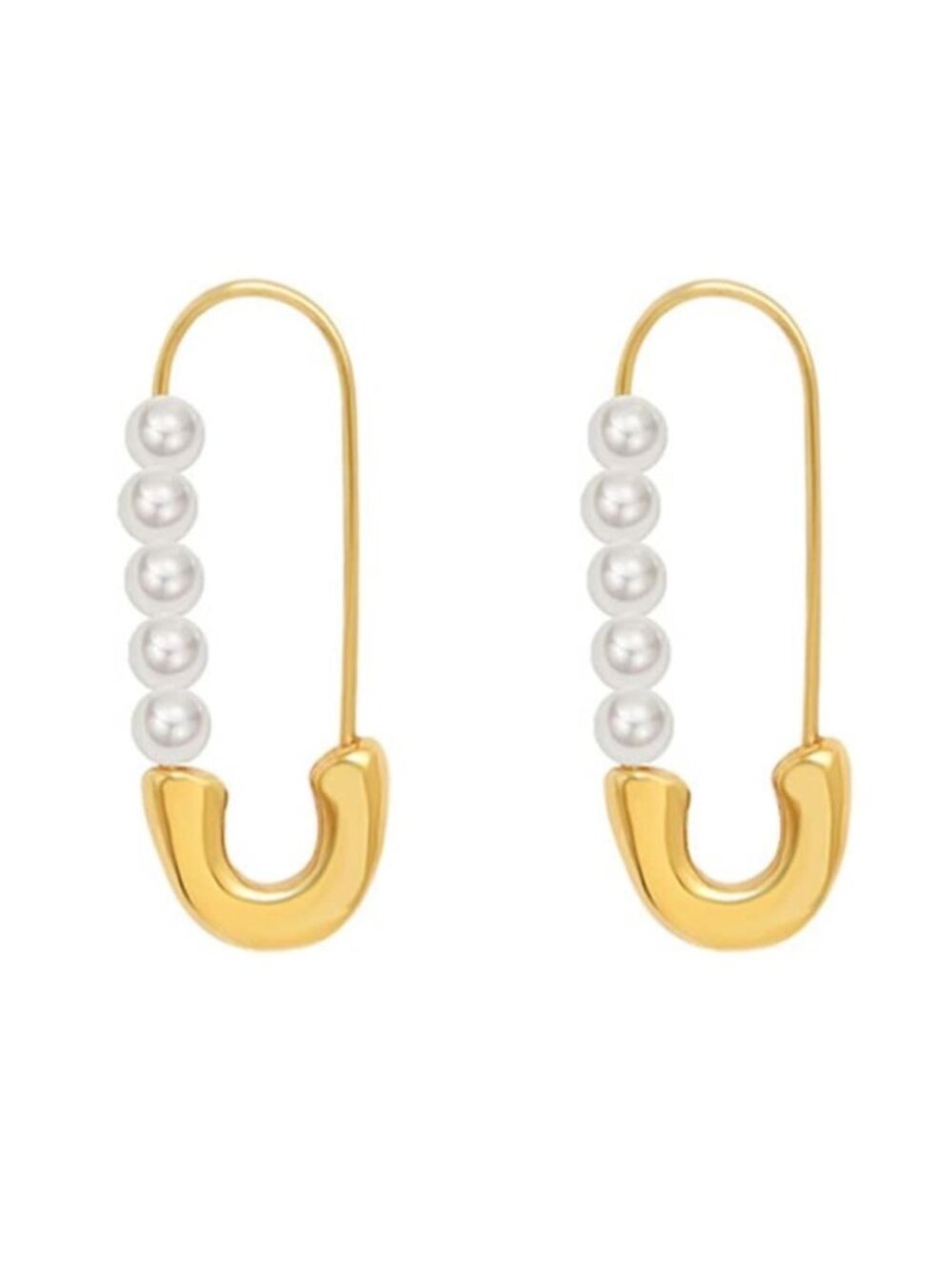 Gold Pearl Accent Safety Pin Drop Earrings - Women Jewelry